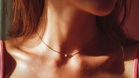 This stunning close-up captures a woman's neck adorned with a delicate necklace, embraced by warm, natural light, highlighting beauty and elegance.の素材