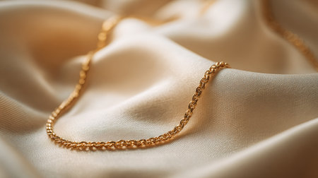 A stunning close-up of a gold necklace elegantly draped on smooth silk fabric, showcasing its shine and intricate design in a beautifully composed setting.の素材