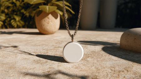 A beautifully crafted white pendant necklace displayed on a beige surface, enhanced by gentle natural light and soft shadows, evoking tranquility and elegance.の素材