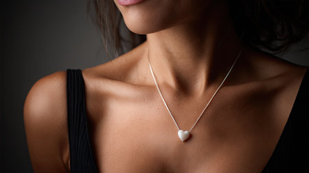 A stunning close-up of a model showcasing an elegant heart-shaped necklace, featuring a silver chain and a minimalist design, illuminated by soft light.の素材