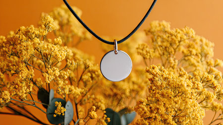 A stunning minimalist necklace featuring a round pendant is elegantly displayed among vibrant yellow flowers against an orange background, creating a beautiful visual contrast.の素材