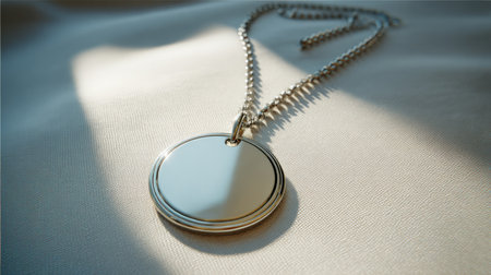 A captivating close-up of a silver pendant necklace resting on soft fabric, illuminated by dramatic light, emphasizing its elegant and minimalist design.の素材