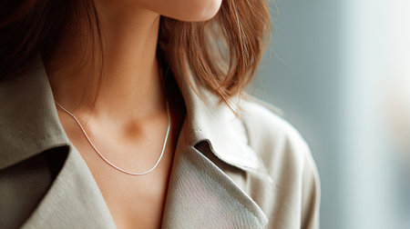 This image features an elegant silver necklace worn by a woman, complemented by a soft, neutral-toned coat. The natural light enhances the beauty of the jewelry, creating a chic and sophisticated atmosphere perfect for fashion and lifestyle themes.の素材