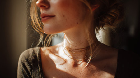 A stunning close-up portrait of a woman showcasing delicate necklaces, bathed in soft sunlight, highlighting her natural beauty and elegance.の素材
