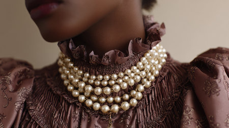 This stunning close-up portrait captures a woman wearing an exquisite multi-strand pearl necklace with a vintage dress, embodying elegance and luxury.の素材