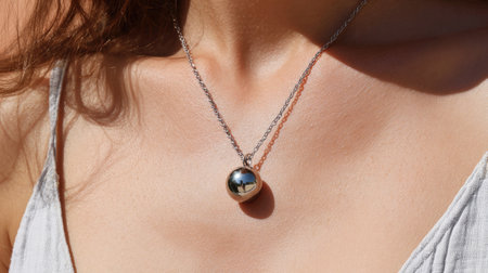 A close-up view of a silver pendant necklace worn by a woman, showcasing its shiny surface and elegant design, perfectly complemented by natural lighting.の素材