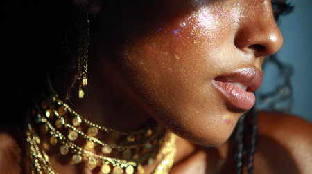 A captivating portrait highlighting a woman's glowing skin adorned with layered gold jewelry. The natural light enhances her elegance and radiance.の素材