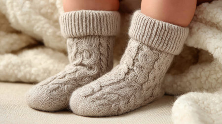 A pair of cozy knitted baby socks rests on a soft blanket, showcasing a warm neutral color palette and intricate pattern design, perfect for infants.の素材