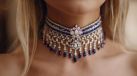 This stunning choker necklace features a beautiful design in blue and white, adorned with sparkling gemstones. Worn by a model, it highlights elegance and luxury in fashion.の素材