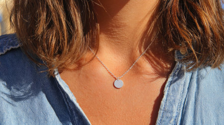 A close-up view of a delicate silver necklace featuring a circular pendant, shining gracefully on a woman's collarbone in bright sunlight, perfect for fashion lovers.の素材