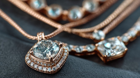 A captivating display of sparkling rose gold necklaces adorned with brilliant diamonds, elegantly captured on a black background, emphasizing luxury and style.の素材