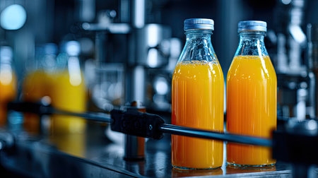 A vibrant setting showcasing freshly bottled orange juice on a production line. The bright drink highlights health and nutrition in the beverage industry.の素材