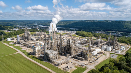 A comprehensive aerial view of an industrial plant featuring extensive machinery and structures, highlighting production activities amidst a natural landscape.の素材