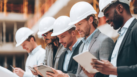 A team of professionals in hard hats collaborates on a construction site. They use tablets and discussion to plan project details. Ideal for technical contexts.の素材