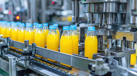 This image showcases a modern juice production facility with orange juice bottles on a conveyor. It highlights industrial machinery and the bottling process.の素材