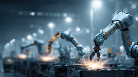 Advanced industrial robot arm operates in a modern factory, generating sparks during a precise manufacturing process amidst a high-tech environment.の素材