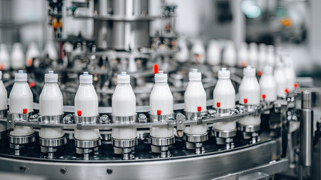 This image features a milk bottling process in a modern dairy factory, showcasing an automated assembly line filled with fresh milk bottles ready for distribution.の素材