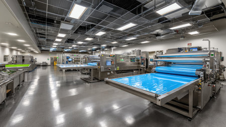 A spacious industrial workspace featuring advanced machinery and equipment for manufacturing processes. Modern design with a clean and organized layout.の素材