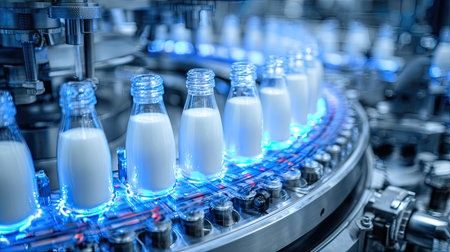 This image showcases a modern milk production facility with bottles moving along a conveyor. The vibrant blue lighting enhances the atmosphere of industrial efficiency.の素材