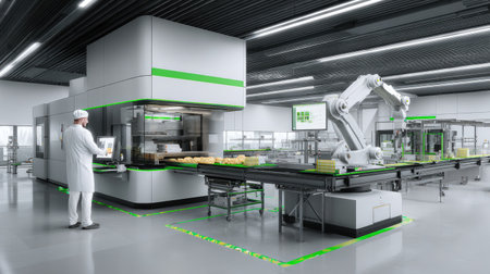 This image features a modern bakery kitchen with advanced automation technology. Robots assist in production, ensuring quality and efficiency in a clean workspace.の素材