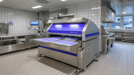 A contemporary kitchen setup featuring advanced equipment and a spacious layout. Ideal for food preparation in commercial environments, showcasing modern design.の素材