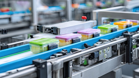 This image showcases a modern production line featuring a conveyor system transporting colorful food containers. Precision and hygiene are prioritized in this industrial setup.の素材
