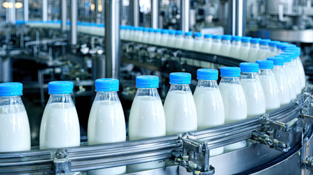A modern milk production facility showcasing bottles of fresh milk traveling on a conveyor belt, emphasizing efficiency and stringent quality controls in dairy processing.の素材