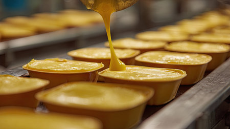A close-up view of a thick, yellow cream filling being poured into individual containers in an industrial kitchen, showcasing the dessert preparation process.の素材