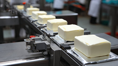 This image depicts a modern butter production line with blocks of creamy butter on a conveyor belt, showcasing efficient food processing and manufacturing quality.の素材