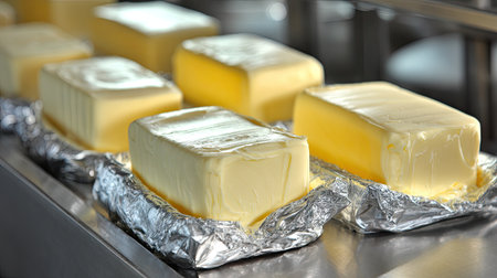 Fresh blocks of butter displayed on a metal tray, showcasing its creamy texture and rich color. Ideal for culinary uses in various dishes or as a spread.の素材