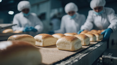 Freshly baked bread rolls move along a conveyor in a hygienic bakery environment, highlighting the care and craftsmanship involved in bread production.の素材
