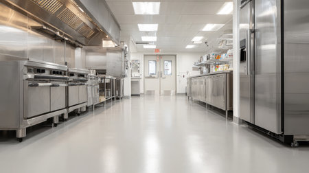 A spacious, modern kitchen featuring stainless steel appliances and bright lighting, designed for efficiency and cleanliness in a commercial setting.の素材
