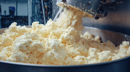 A close-up view of creamy, fluffy dairy being mixed in a large bowl, showcasing the process of food production in a professional kitchen environment.の素材