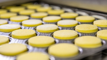 A close-up view of freshly prepared yellow disks on a baking tray. The smooth texture and even surface showcase the meticulous baking process for sweets.の素材