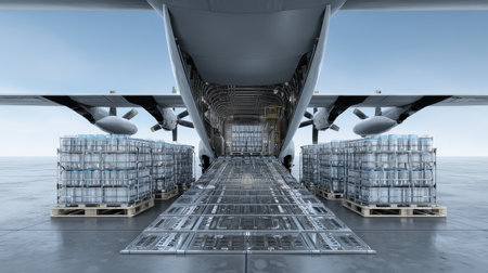 A modern cargo aircraft interior featuring pallets of goods ready for loading, showcasing the efficient logistics of air transport in a commercial setting.の素材