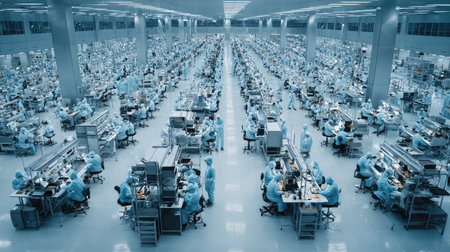 An expansive high-tech factory featuring numerous employees wearing protective gear. The image showcases advanced equipment and a clean, organized workspace.の素材