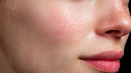 A close-up portrait showcasing smooth and flawless skin, highlighting natural beauty and radiance. Ideal for beauty and skincare themes.の素材