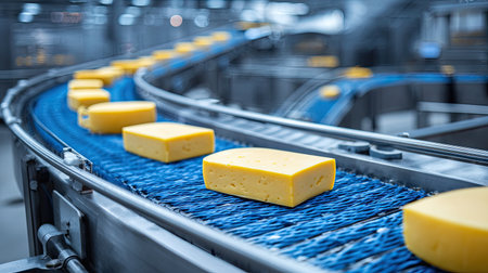 A vibrant view of an industrial cheese factory showcasing yellow cheese blocks on a conveyor belt, illustrating the efficient production process in food manufacture.の素材