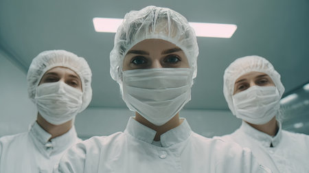 A skilled medical team prepares for a procedure in a sterile environment. Their dedication to patient care and safety is paramount in healthcare settings.の素材