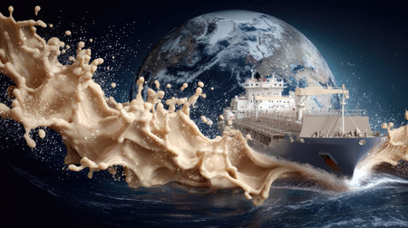 A stunning visual of a ship navigating through the ocean, creating a dramatic splash against a backdrop of Earth, symbolizing global trade and exploration.の素材