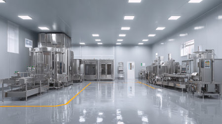 A clean and modern industrial room showcasing advanced machines and equipment, emphasizing hygiene, quality, and effective manufacturing processes in a sterile environment.の素材