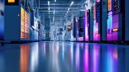 A cleanroom environment showcasing advanced technology and machinery. A lone worker navigates the sterile space filled with colorful displays and devices.の素材