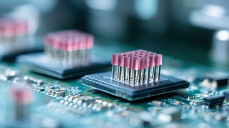 Close-up view of a circuit board showcasing intricate components and microchips. Perfect for technology, electronics, and innovation themes.の素材