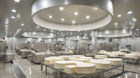 A modern cheese factory showcasing large rounds of cheese on stainless steel tables. The clean environment emphasizes industrial cheese production processes with advanced machinery and efficient workspace design.の素材