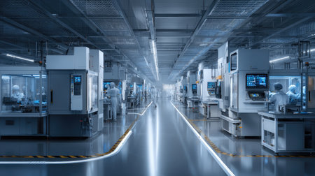 A modern laboratory environment showcasing advanced technology and cleanroom design, with professionals engaged in precision research and innovation processes.の素材