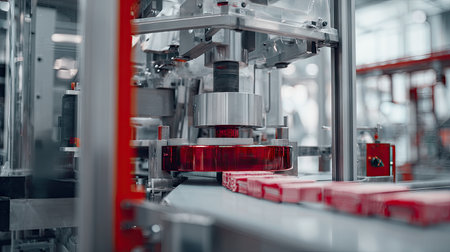 A close-up view of an automated production line showcasing advanced machinery and technology in action. The image highlights the engineering excellence in industrial operations.の素材