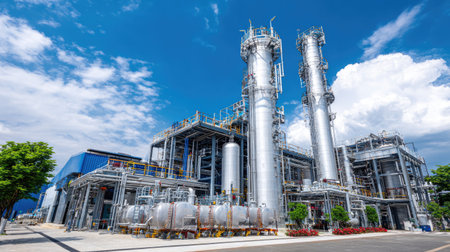A large industrial plant showcasing advanced machinery and equipment under a bright blue sky. The structure is designed for efficient production and processing.の素材