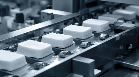Production line showcasing soap blocks moving on conveyor in a modern factory. Focus on efficiency and hygiene in industrial manufacturing process.の素材