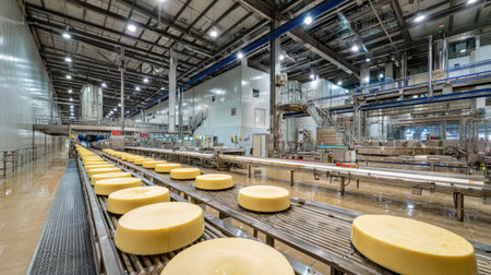 A vibrant cheese factory interior showcasing wheels of cheese on a conveyor. This high-tech facility emphasizes food processing, quality control, and efficiency.の素材