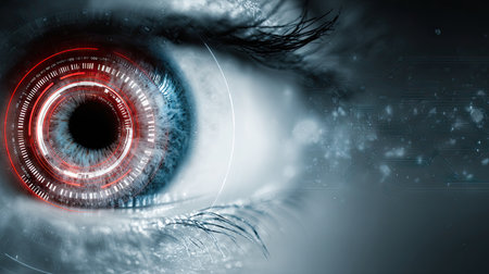 Close up of a human eye embedded with digital elements and futuristic designs, symbolizing vision enhancement and technology integration.の素材